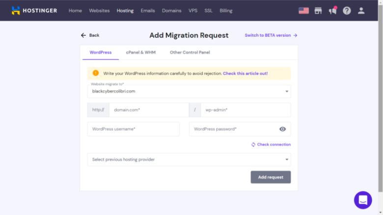 Website migration form in Hostinger2